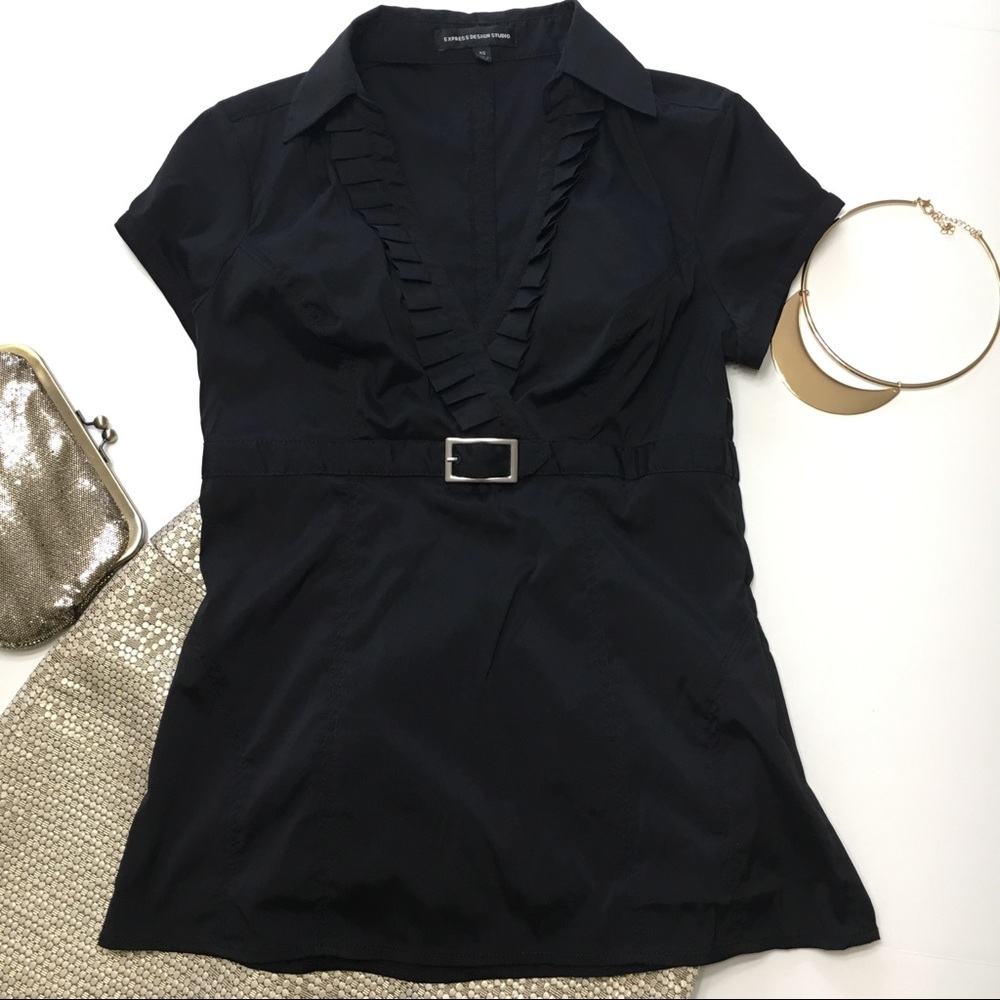 Express Stretch Black Blouse with Buckle, sz XS - Picture 2 of 8